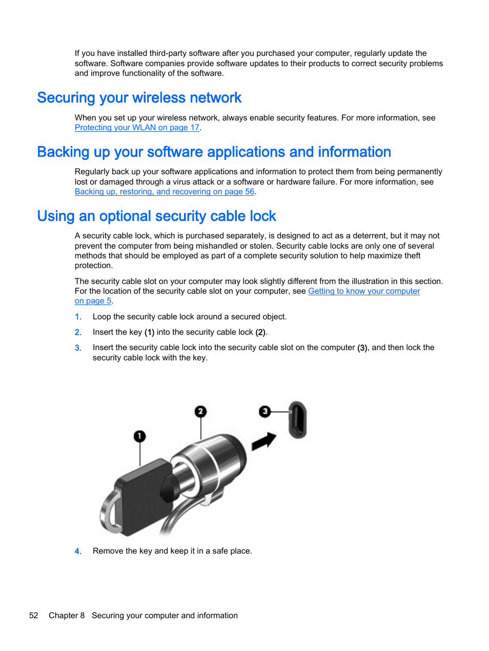 Securing your wireless network, Using an optional security cable lock | HP x360 310 G1 Convertible PC User Manual | Page 60 / 72