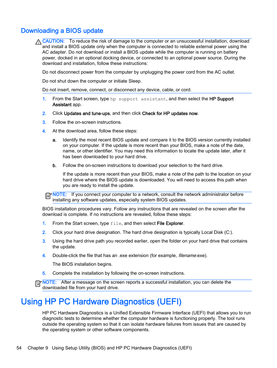 Downloading a bios update, Using hp pc hardware diagnostics (uefi) | HP x360 310 G1 Convertible PC User Manual | Page 62 / 72