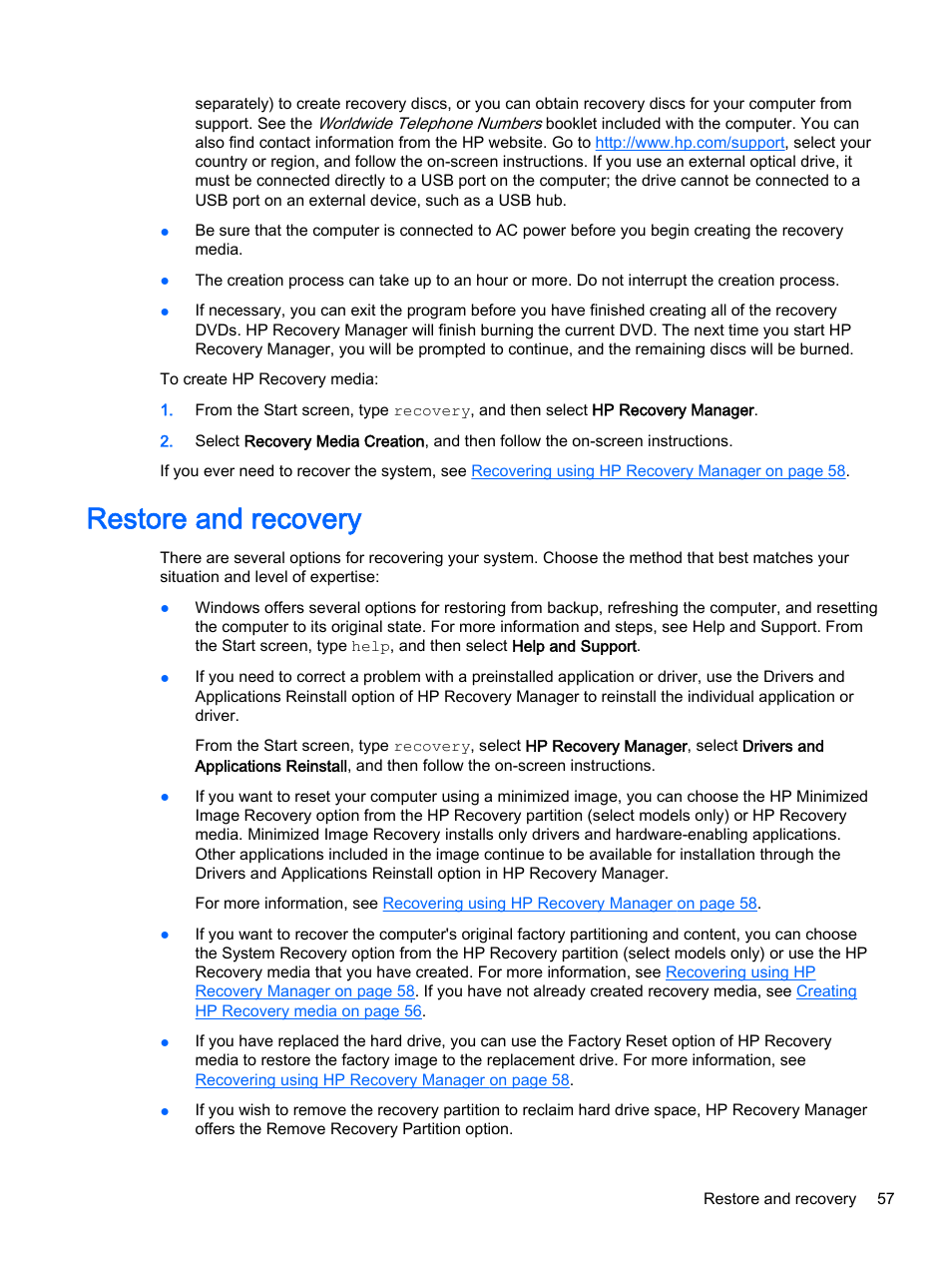 Restore and recovery | HP x360 310 G1 Convertible PC User Manual | Page 65 / 72