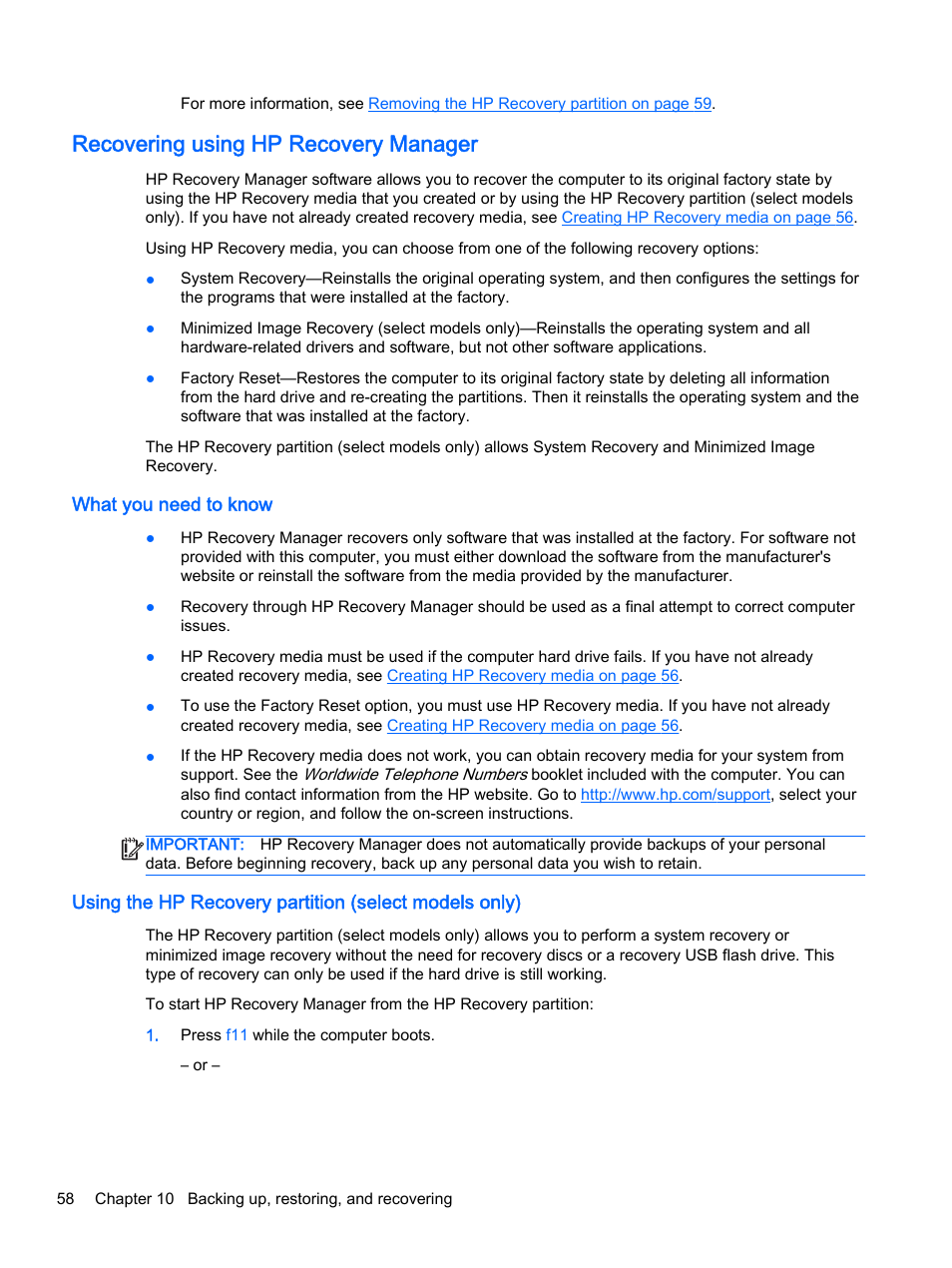 Recovering using hp recovery manager, What you need to know, Recovering using hp | HP x360 310 G1 Convertible PC User Manual | Page 66 / 72