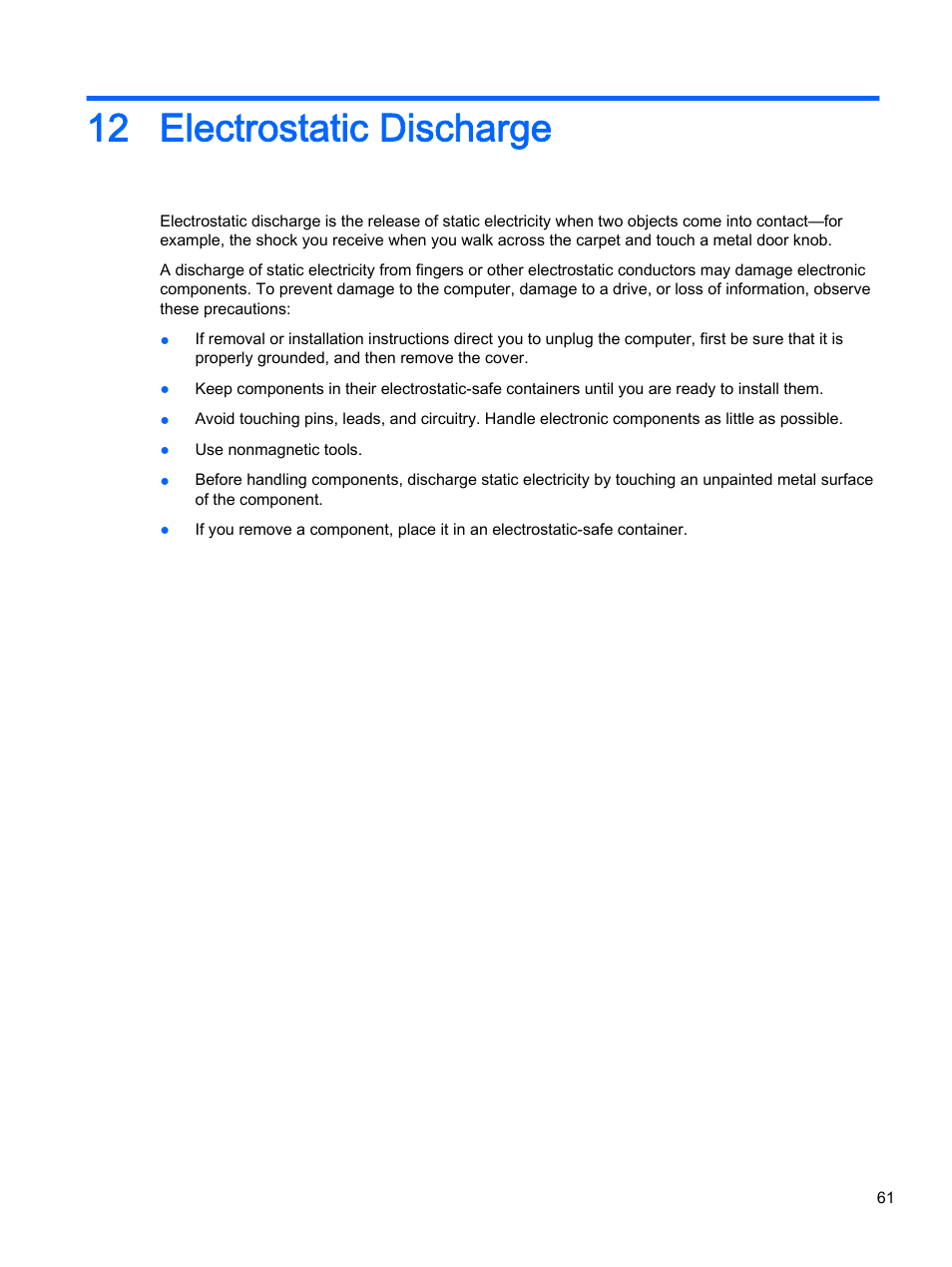 Electrostatic discharge, 12 electrostatic discharge | HP x360 310 G1 Convertible PC User Manual | Page 69 / 72