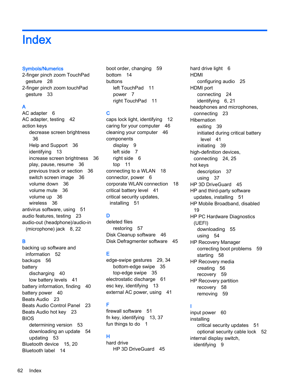 Index | HP x360 310 G1 Convertible PC User Manual | Page 70 / 72