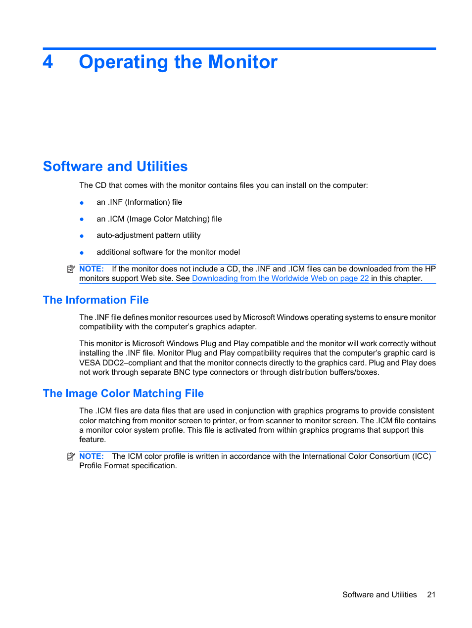 Operating the monitor, Software and utilities, The information file | The image color matching file, 4 operating the monitor, The information file the image color matching file, 4operating the monitor | HP L1950 19-inch LCD Monitor User Manual | Page 27 / 55