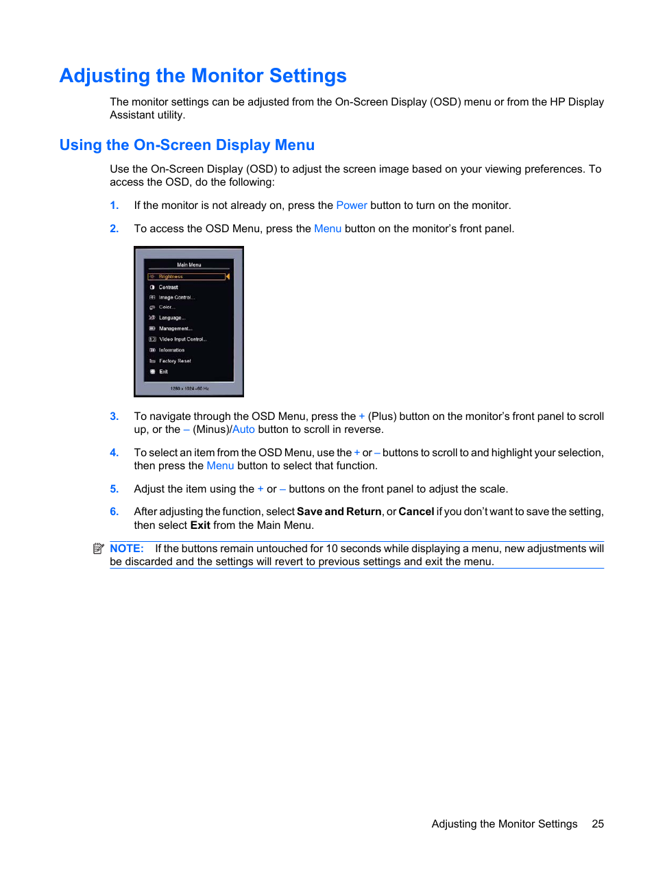 Adjusting the monitor settings, Using the on-screen display menu | HP L1950 19-inch LCD Monitor User Manual | Page 31 / 55
