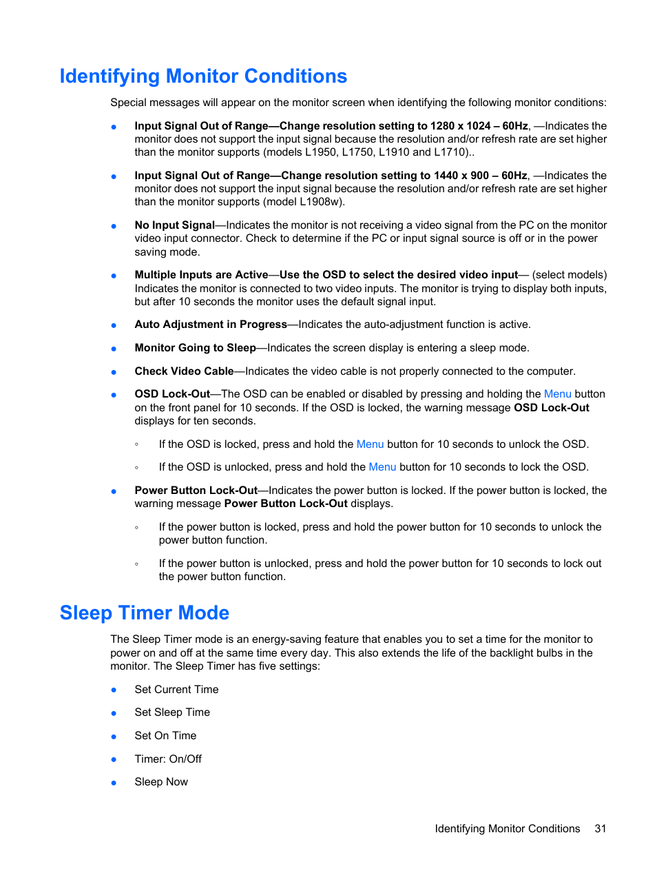 Identifying monitor conditions, Sleep timer mode | HP L1950 19-inch LCD Monitor User Manual | Page 37 / 55