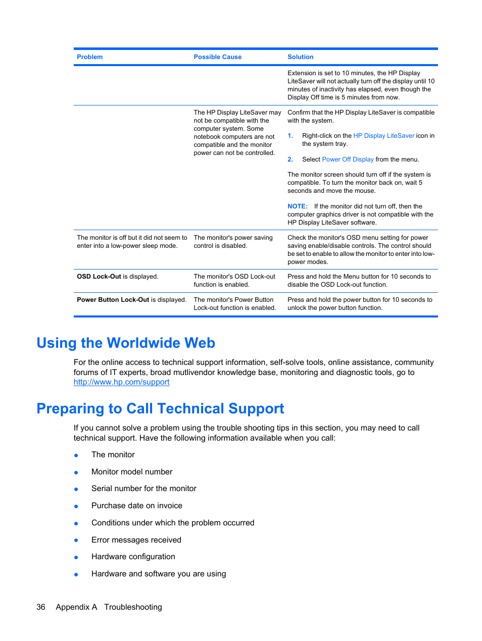 Using the worldwide web, Preparing to call technical support | HP L1950 19-inch LCD Monitor User Manual | Page 42 / 55