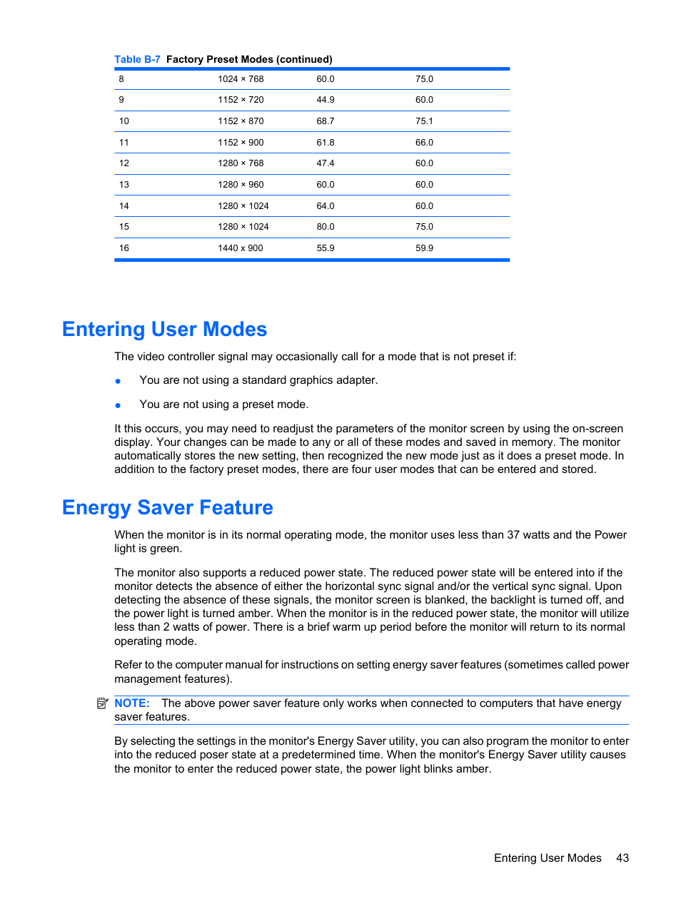 Entering user modes, Energy saver feature, Entering user modes energy saver feature | HP L1950 19-inch LCD Monitor User Manual | Page 49 / 55