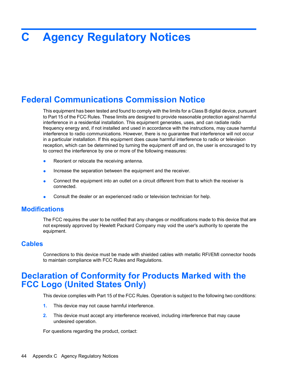 Agency regulatory notices, Federal communications commission notice, Modifications | Cables, Appendix c agency regulatory notices, Modifications cables, Cagency regulatory notices | HP L1950 19-inch LCD Monitor User Manual | Page 50 / 55