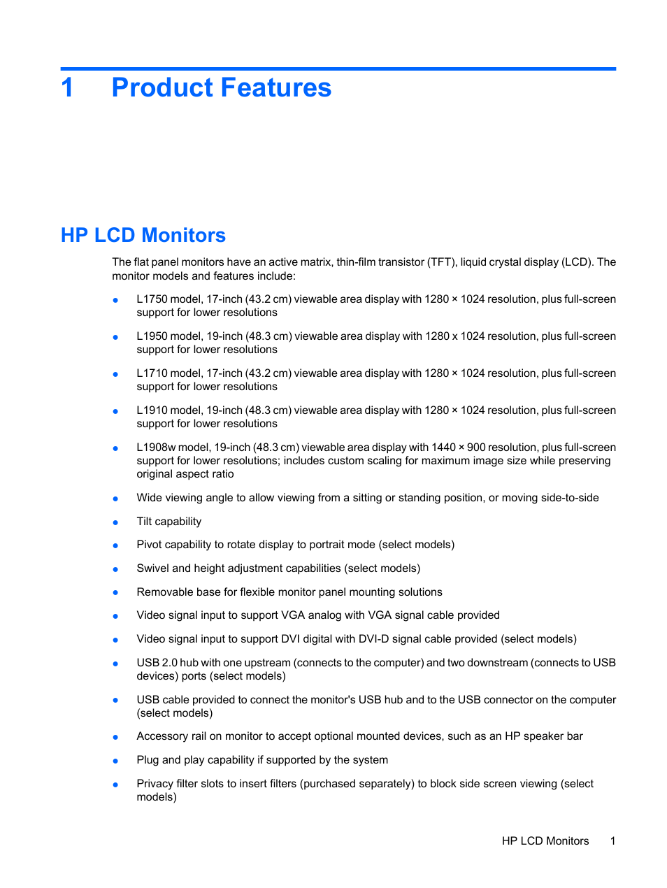 Product features, Hp lcd monitors, 1 product features | 1product features | HP L1950 19-inch LCD Monitor User Manual | Page 7 / 55