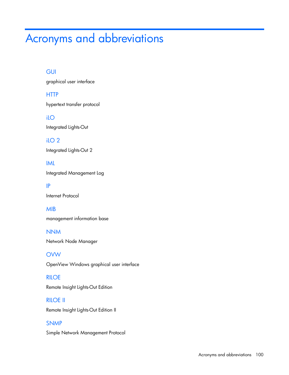 Acronyms and abbreviations | HP Remote Insight Lights-Out Edition II Board User Manual | Page 100 / 105