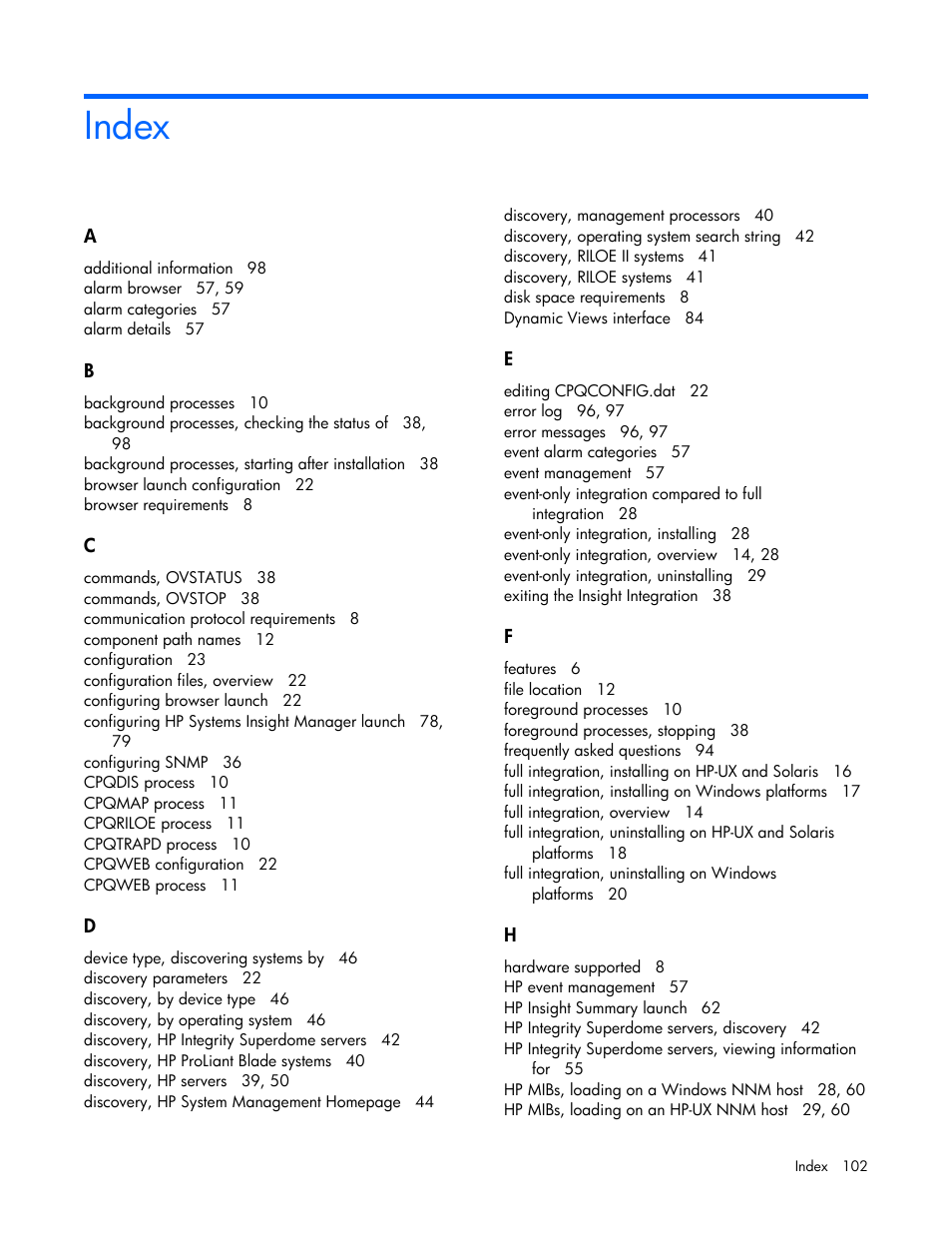 Index | HP Remote Insight Lights-Out Edition II Board User Manual | Page 102 / 105