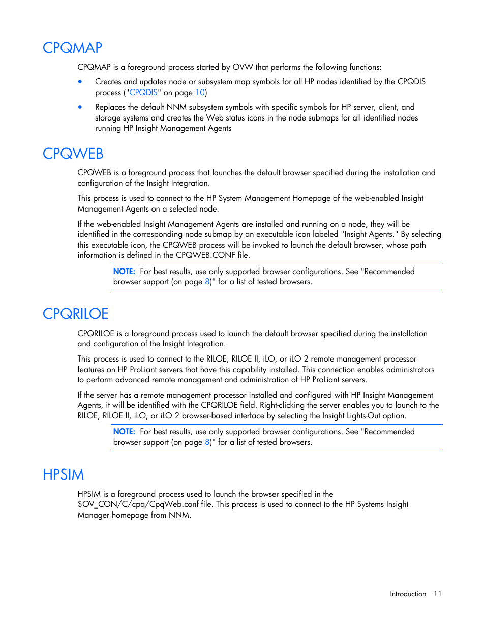 Cpqmap, Cpqweb, Cpqriloe | Hpsim, Foreground, Unix) | HP Remote Insight Lights-Out Edition II Board User Manual | Page 11 / 105