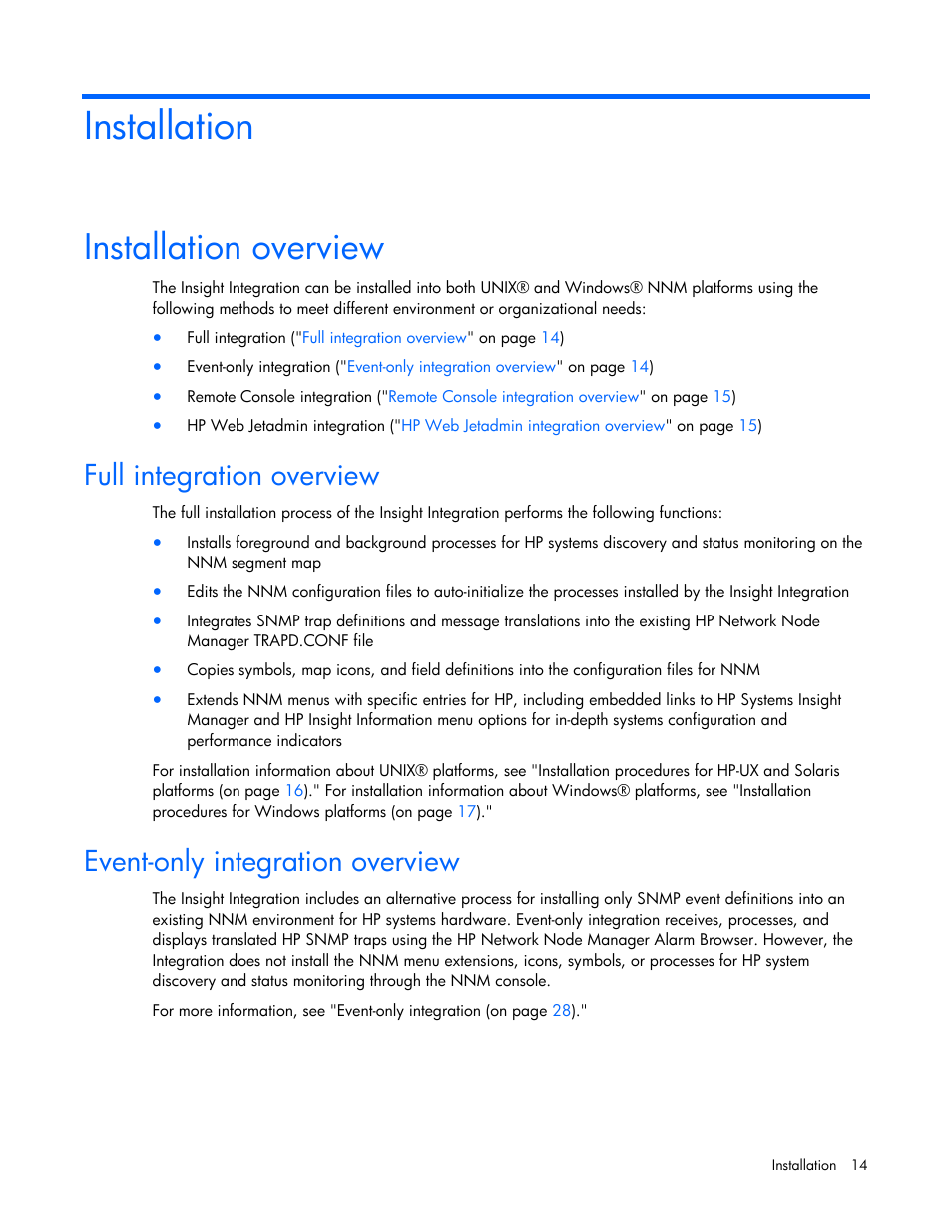 Installation, Installation overview, Full integration overview | Event-only integration overview | HP Remote Insight Lights-Out Edition II Board User Manual | Page 14 / 105