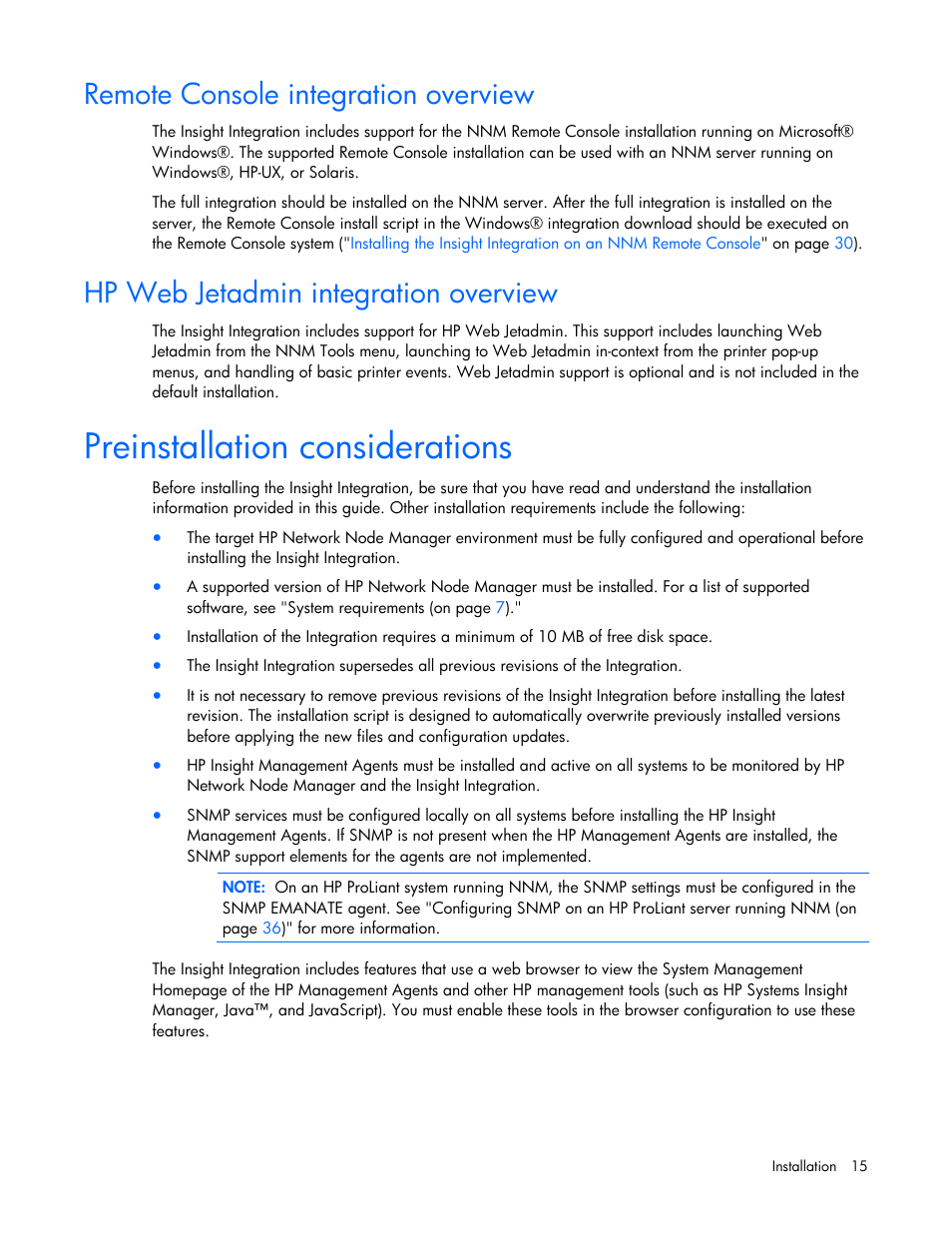 Remote console integration overview, Hp web jetadmin integration overview, Preinstallation considerations | Hp web jetadmin integration | HP Remote Insight Lights-Out Edition II Board User Manual | Page 15 / 105