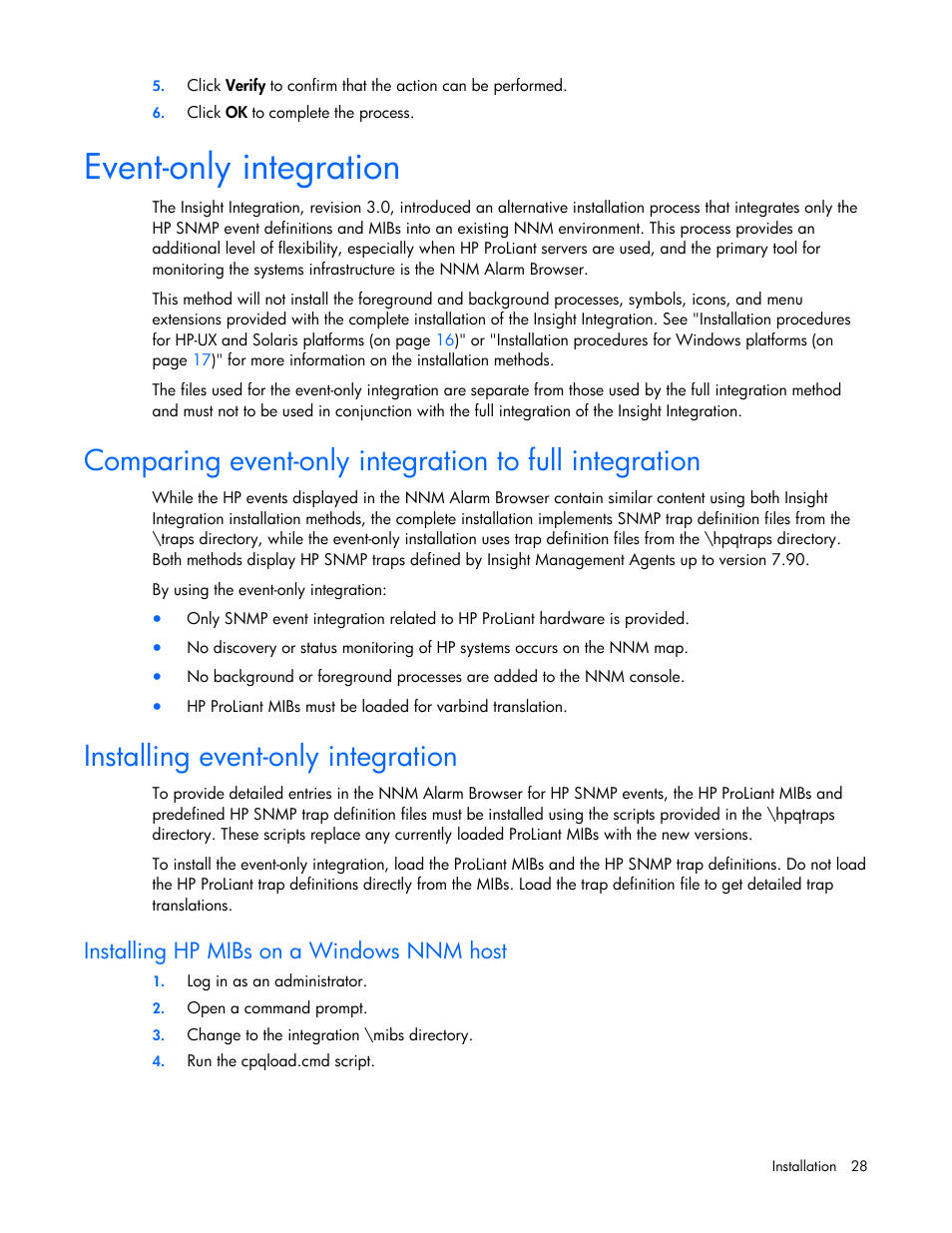 Event-only integration, Installing event-only integration, Installing hp mibs on a windows nnm host | HP Remote Insight Lights-Out Edition II Board User Manual | Page 28 / 105