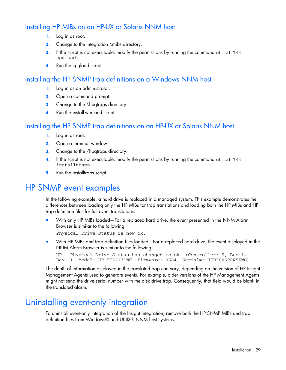Hp snmp event examples, Uninstalling event-only integration, Installing hp mibs on an hp-ux or solaris nnm host | HP Remote Insight Lights-Out Edition II Board User Manual | Page 29 / 105