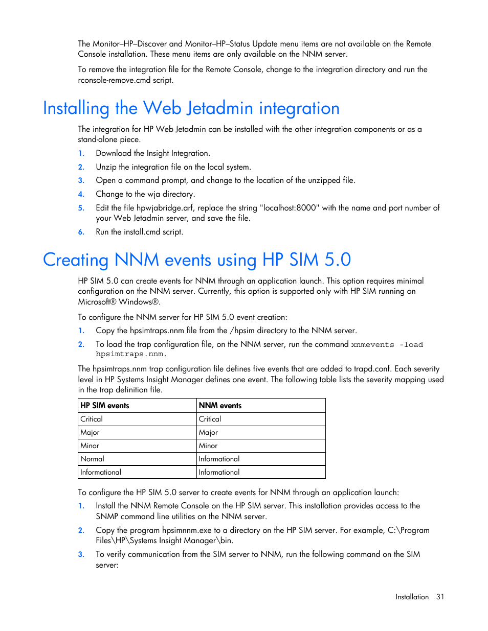 Installing the web jetadmin integration, Creating nnm events using hp sim 5.0 | HP Remote Insight Lights-Out Edition II Board User Manual | Page 31 / 105