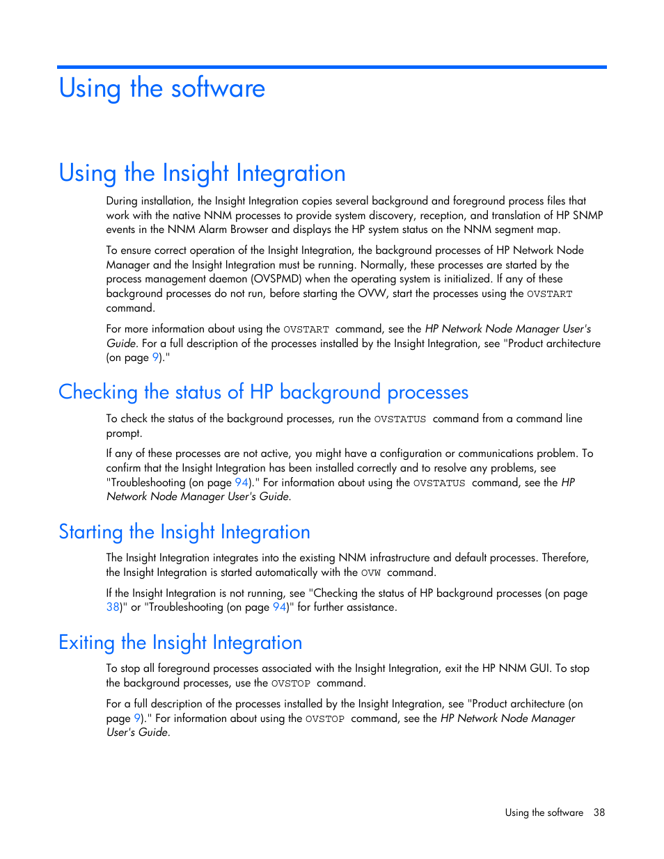 Using the software, Using the insight integration, Checking the status of hp background processes | Starting the insight integration, Exiting the insight integration | HP Remote Insight Lights-Out Edition II Board User Manual | Page 38 / 105
