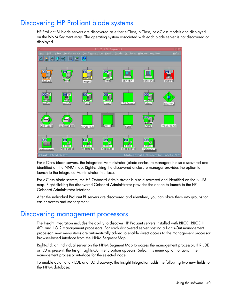 Discovering hp proliant blade systems, Discovering management processors | HP Remote Insight Lights-Out Edition II Board User Manual | Page 40 / 105