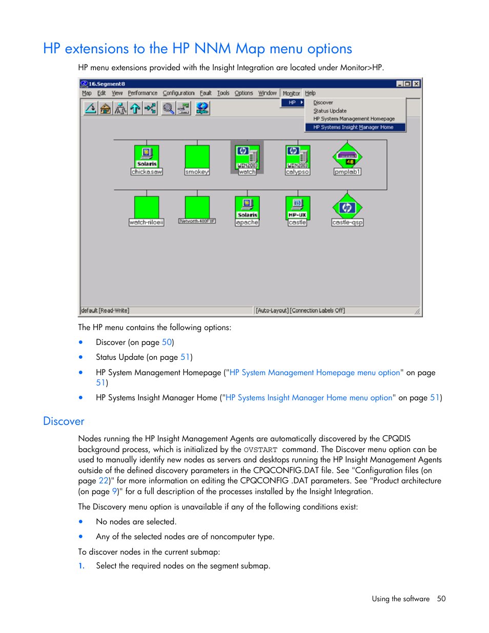 Hp extensions to the hp nnm map menu options, Discover | HP Remote Insight Lights-Out Edition II Board User Manual | Page 50 / 105
