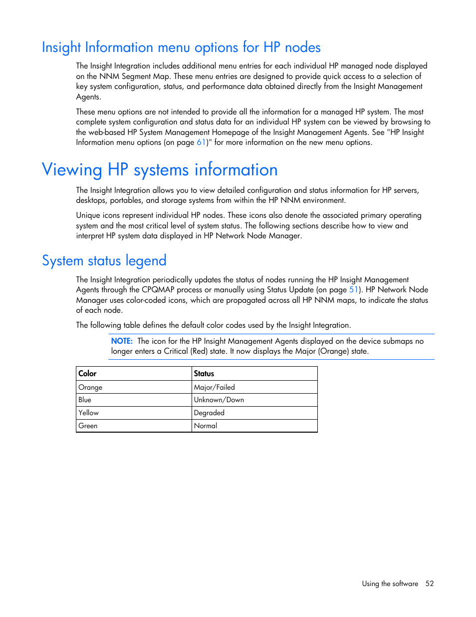 Insight information menu options for hp nodes, Viewing hp systems information, System status legend | HP Remote Insight Lights-Out Edition II Board User Manual | Page 52 / 105