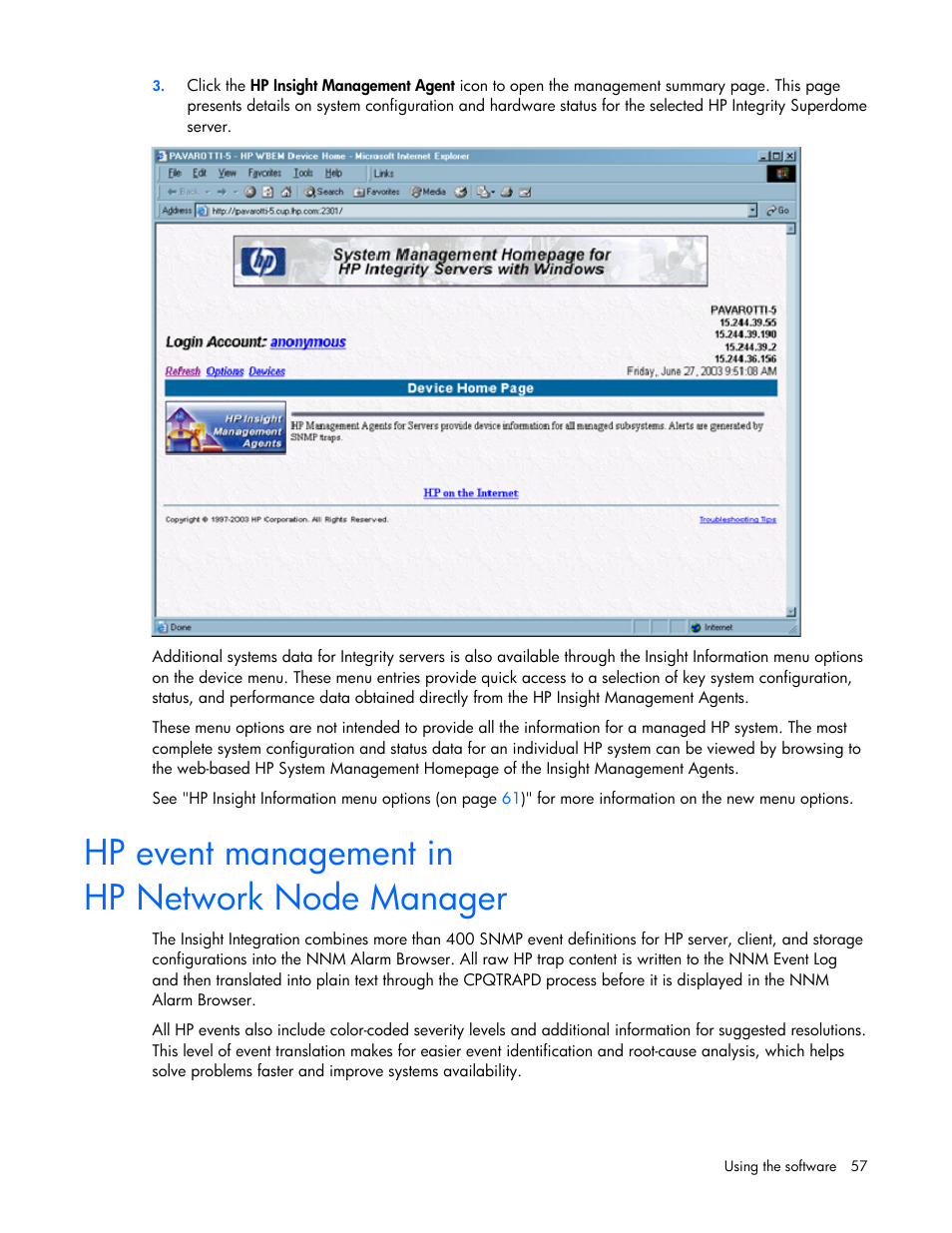 Hp event management in hp network node manager | HP Remote Insight Lights-Out Edition II Board User Manual | Page 57 / 105