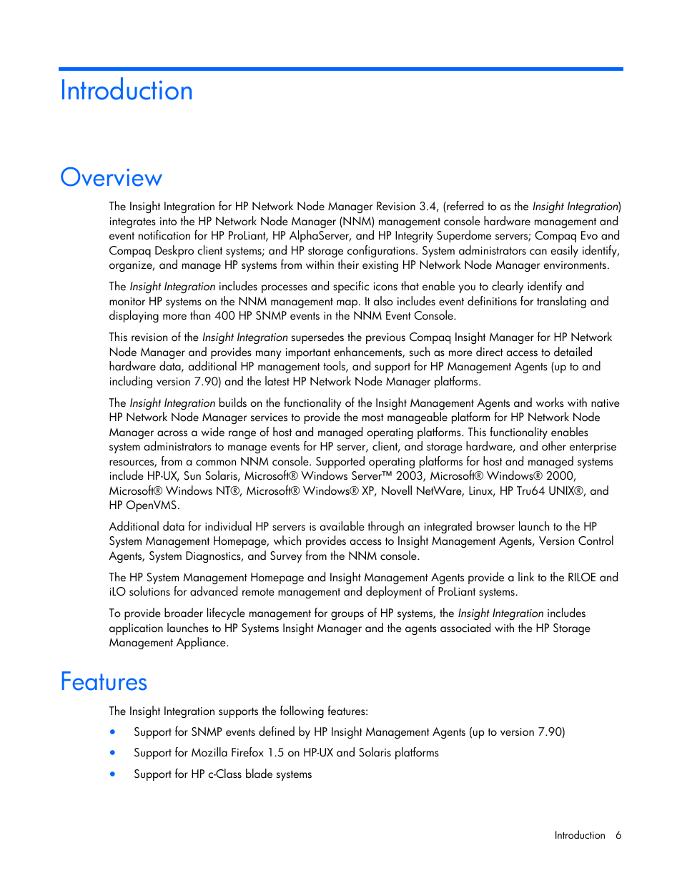 Introduction, Overview, Features | HP Remote Insight Lights-Out Edition II Board User Manual | Page 6 / 105
