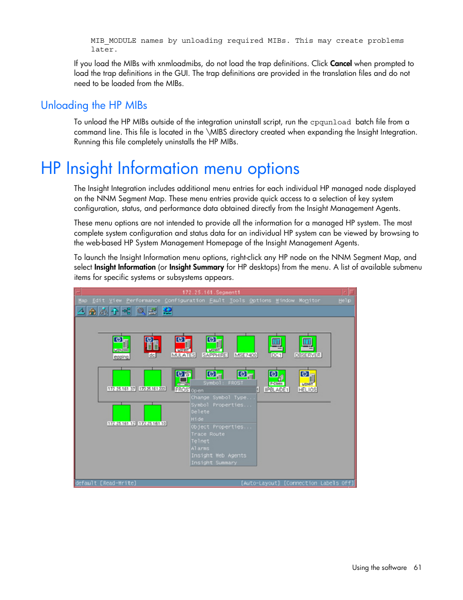 Hp insight information menu options, Unloading the hp mibs | HP Remote Insight Lights-Out Edition II Board User Manual | Page 61 / 105