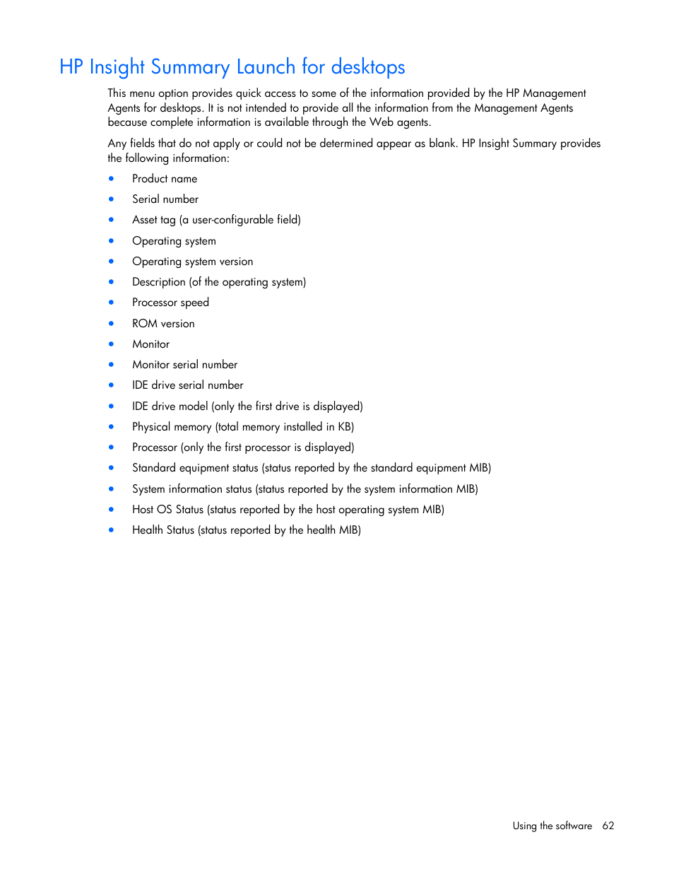 Hp insight summary launch for desktops | HP Remote Insight Lights-Out Edition II Board User Manual | Page 62 / 105