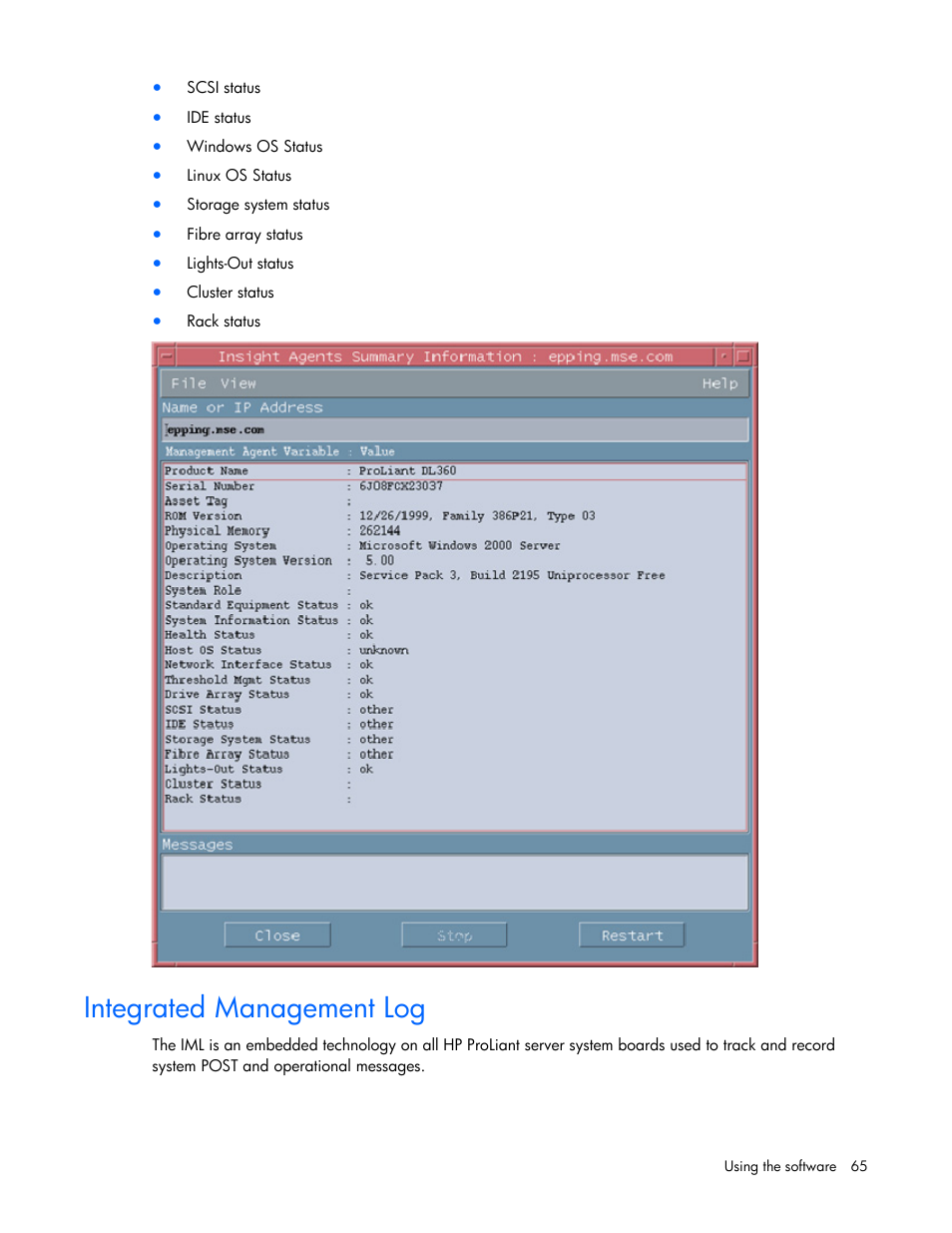 Integrated management log | HP Remote Insight Lights-Out Edition II Board User Manual | Page 65 / 105
