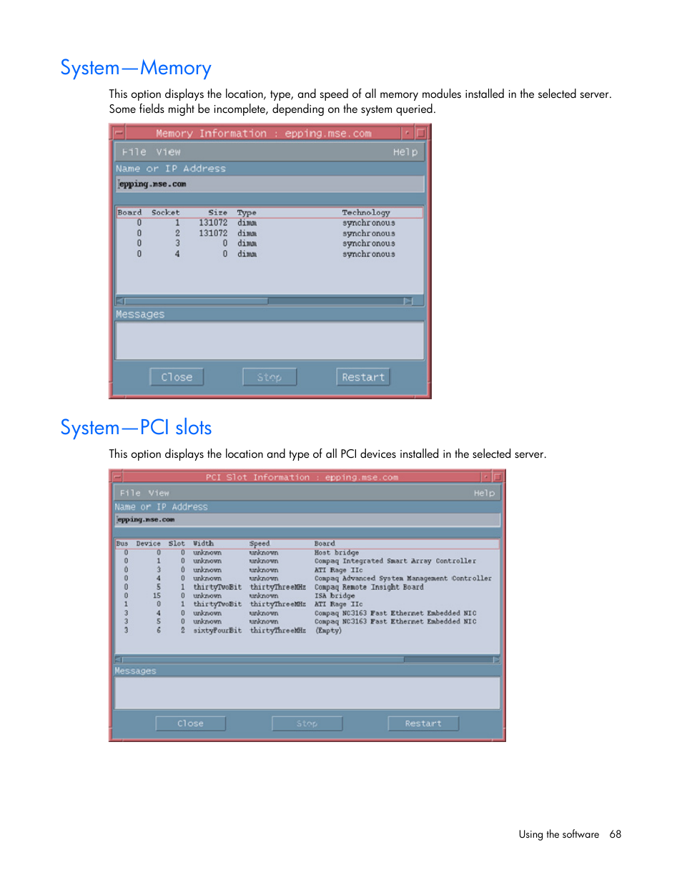 System—memory, System—pci slots | HP Remote Insight Lights-Out Edition II Board User Manual | Page 68 / 105