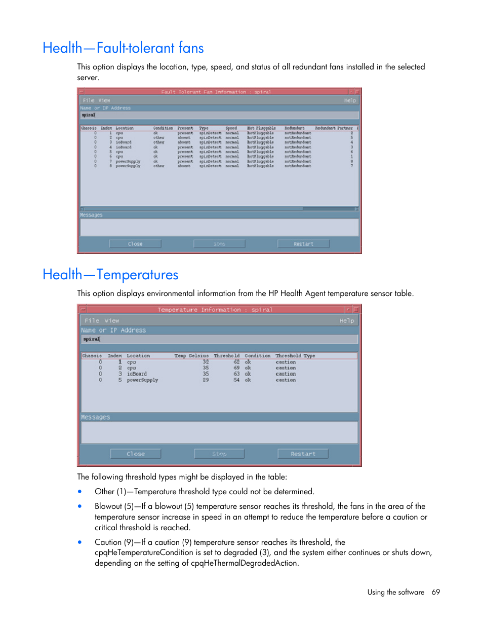 Health—fault-tolerant fans, Health—temperatures | HP Remote Insight Lights-Out Edition II Board User Manual | Page 69 / 105