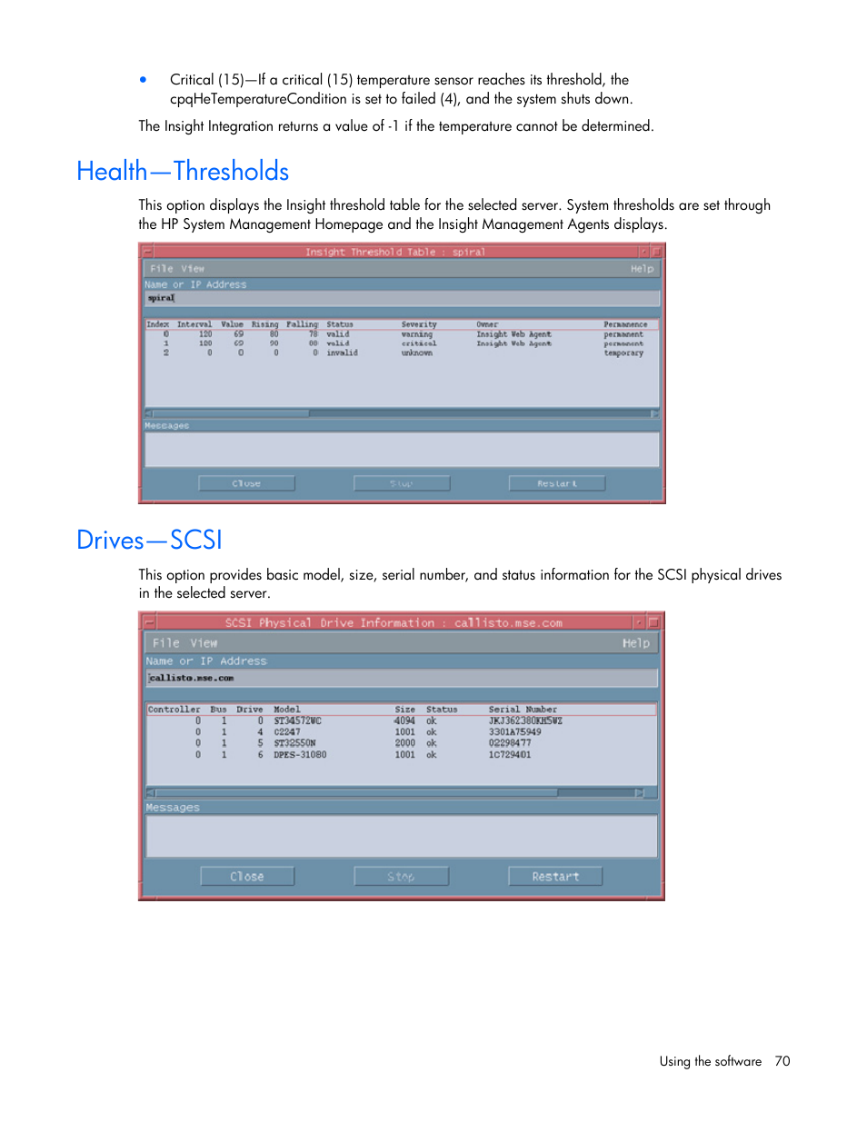 Health—thresholds, Drives—scsi | HP Remote Insight Lights-Out Edition II Board User Manual | Page 70 / 105