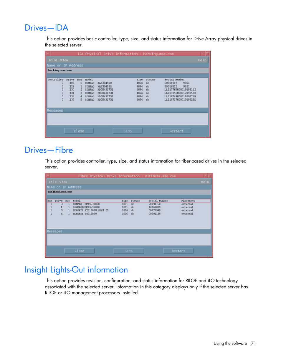 Drives—ida, Drives—fibre, Insight lights-out information | HP Remote Insight Lights-Out Edition II Board User Manual | Page 71 / 105