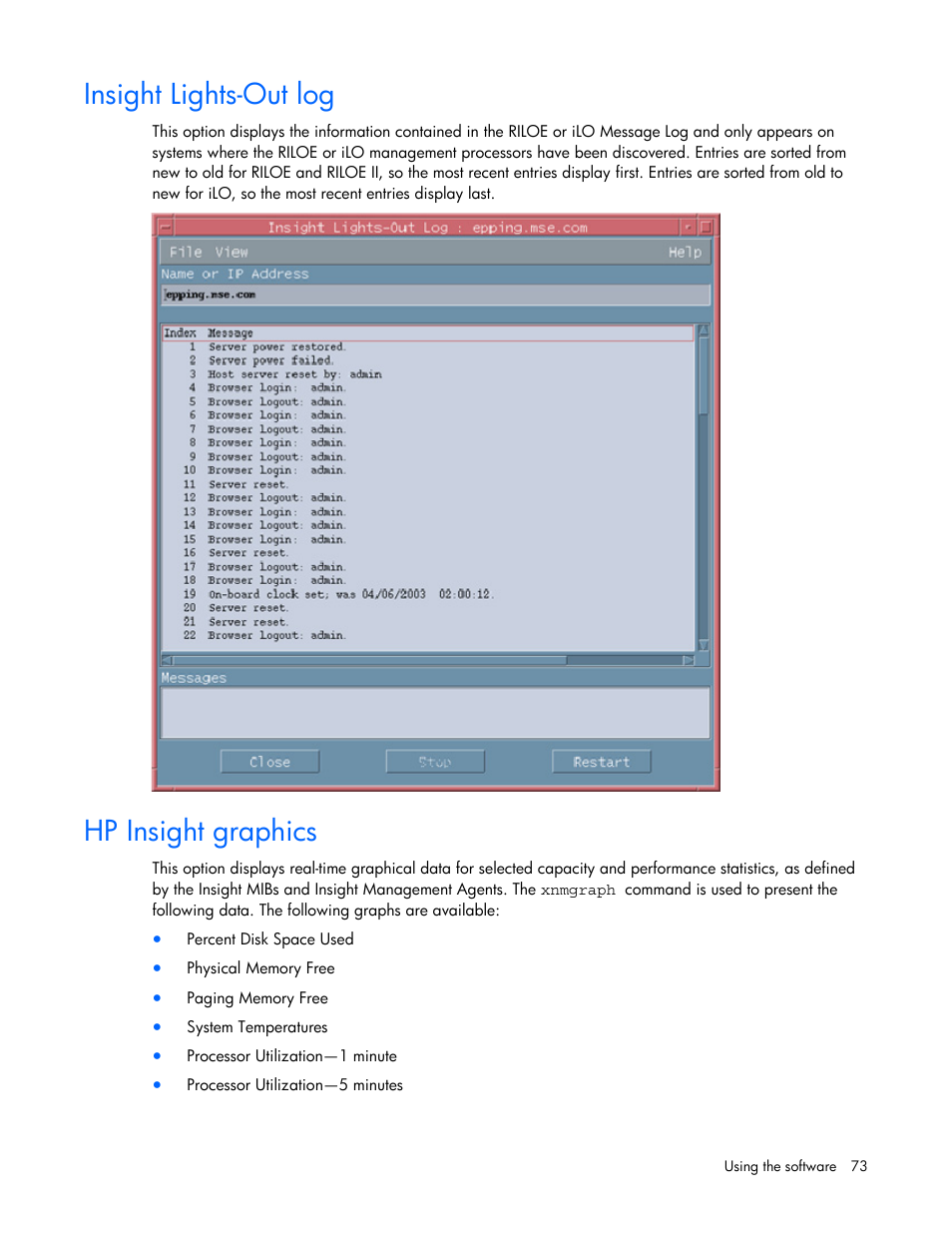 Insight lights-out log, Hp insight graphics | HP Remote Insight Lights-Out Edition II Board User Manual | Page 73 / 105