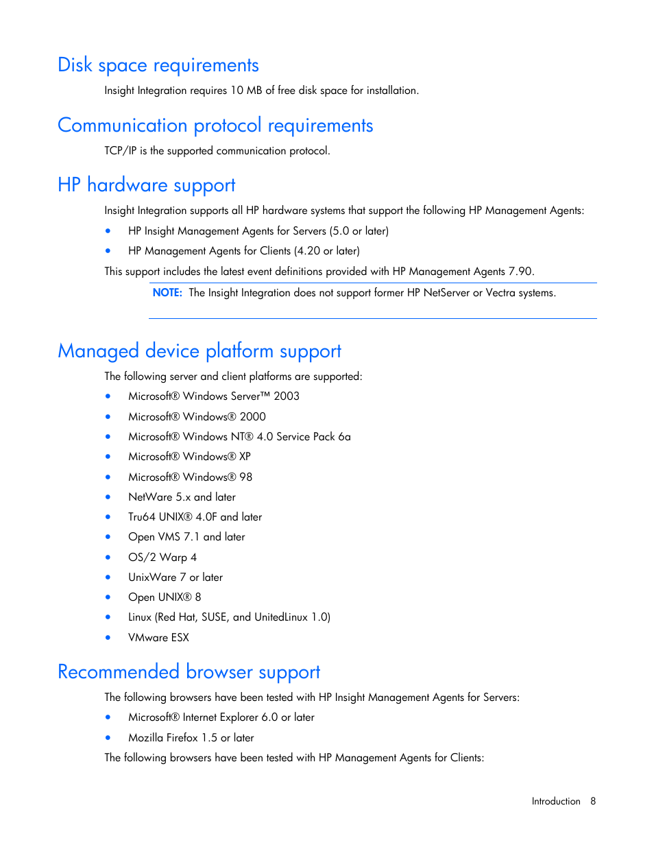 Disk space requirements, Communication protocol requirements, Hp hardware support | Managed device platform support, Recommended browser support | HP Remote Insight Lights-Out Edition II Board User Manual | Page 8 / 105