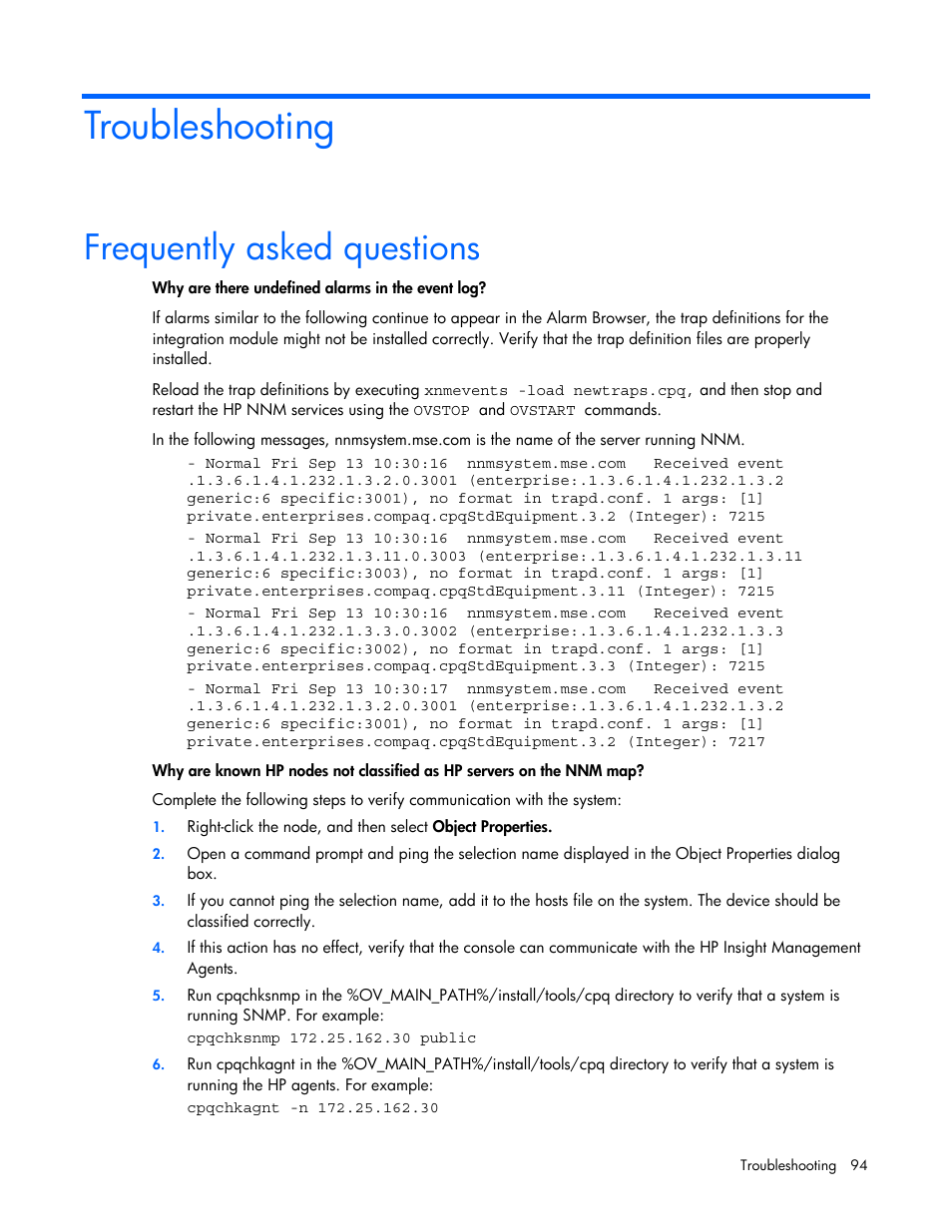 Troubleshooting, Frequently asked questions, For info | HP Remote Insight Lights-Out Edition II Board User Manual | Page 94 / 105