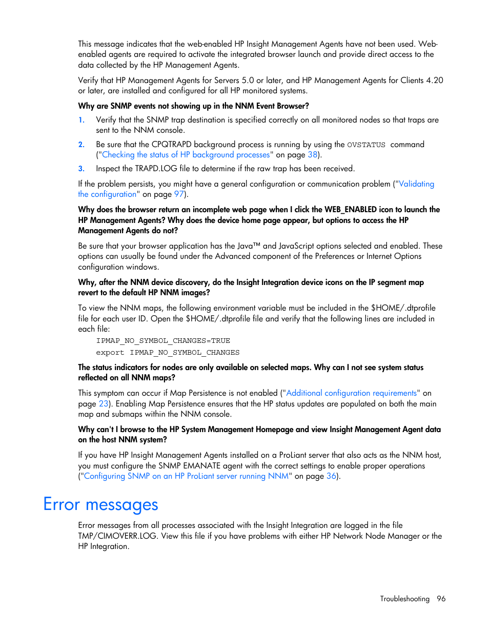 Error messages | HP Remote Insight Lights-Out Edition II Board User Manual | Page 96 / 105