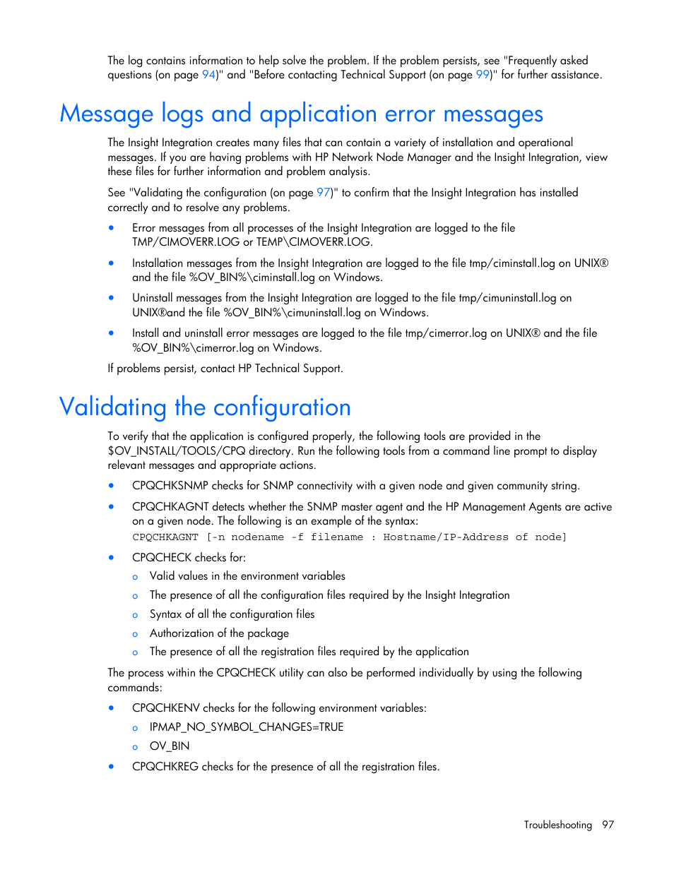 Message logs and application error messages, Validating the configuration, Problem | Validating, The configuration | HP Remote Insight Lights-Out Edition II Board User Manual | Page 97 / 105