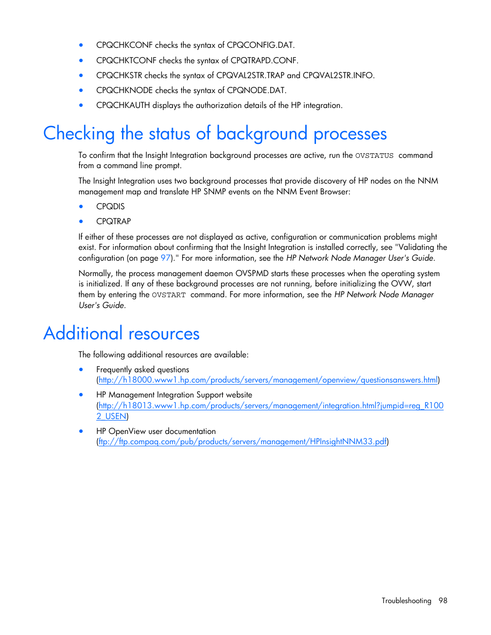 Checking the status of background processes, Additional resources | HP Remote Insight Lights-Out Edition II Board User Manual | Page 98 / 105
