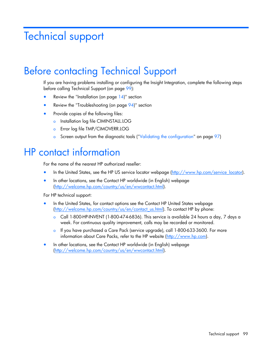 Technical support, Before contacting technical support, Hp contact information | For furth | HP Remote Insight Lights-Out Edition II Board User Manual | Page 99 / 105