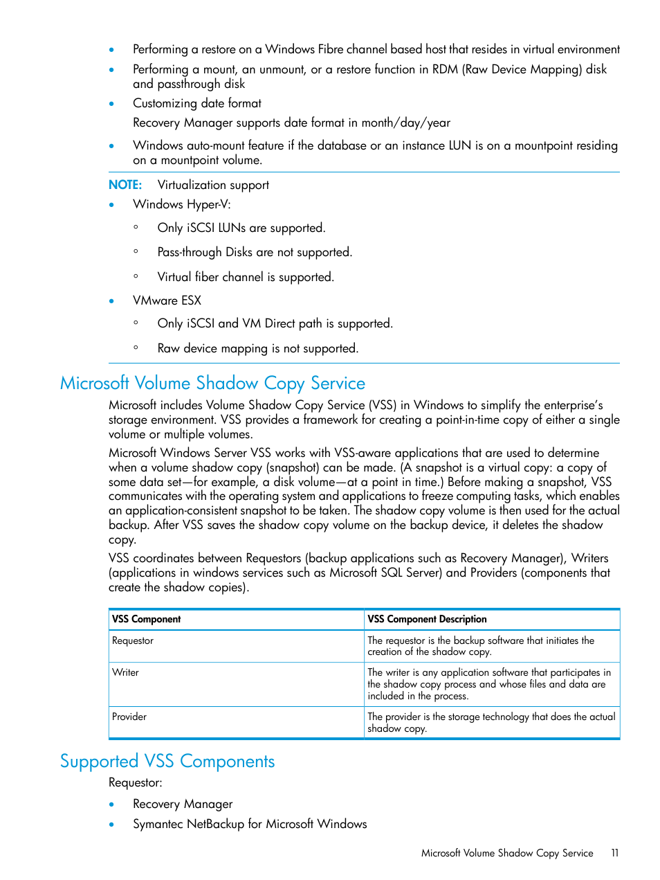 Microsoft volume shadow copy service, Supported vss components | HP 3PAR Recovery Manager Software User Manual | Page 11 / 110