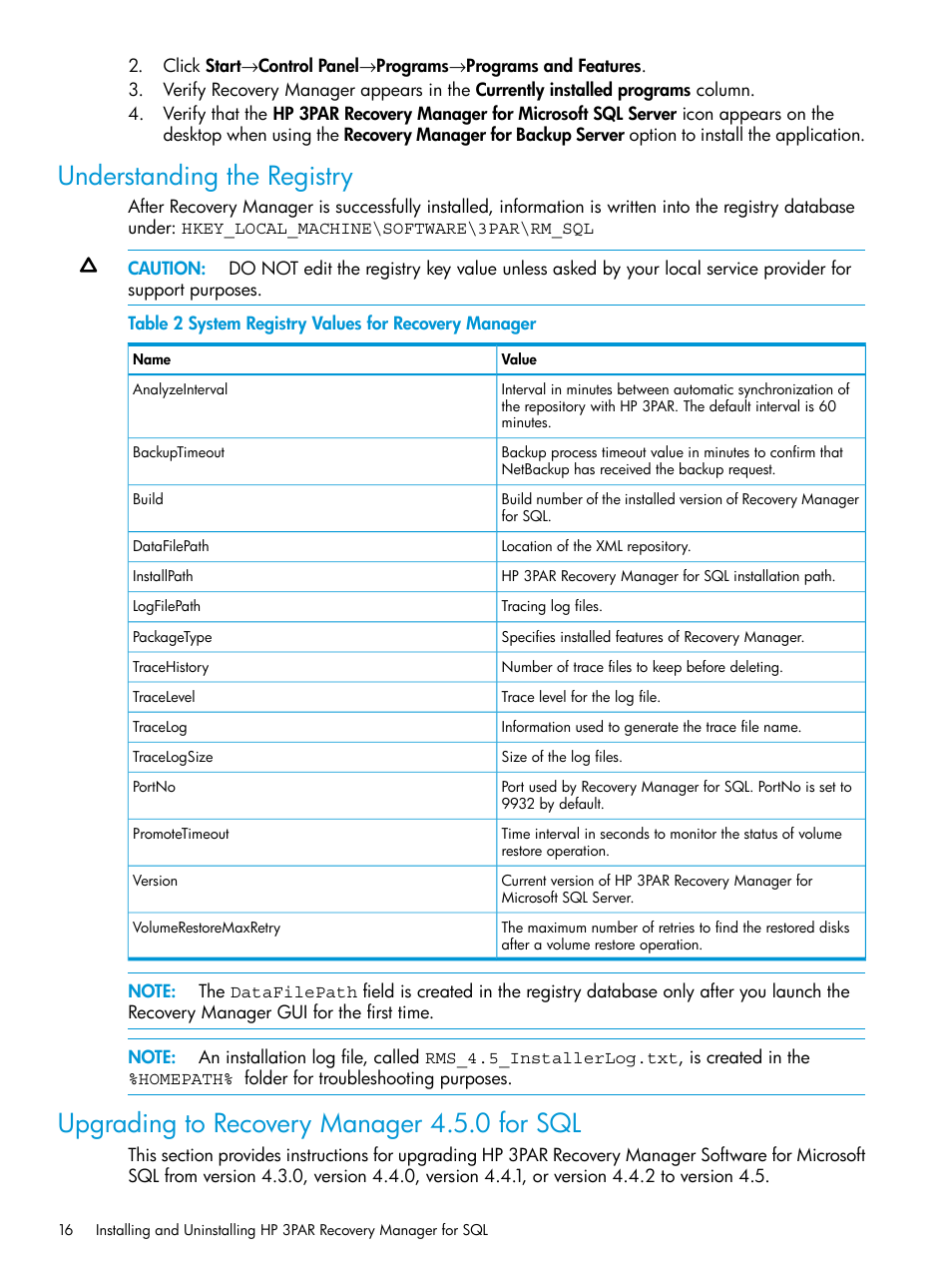 Understanding the registry, Upgrading to recovery manager 4.5.0 for sql | HP 3PAR Recovery Manager Software User Manual | Page 16 / 110