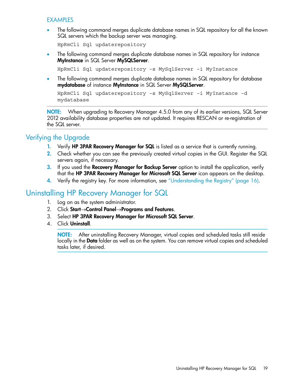 Verifying the upgrade, Uninstalling hp recovery manager for sql | HP 3PAR Recovery Manager Software User Manual | Page 19 / 110