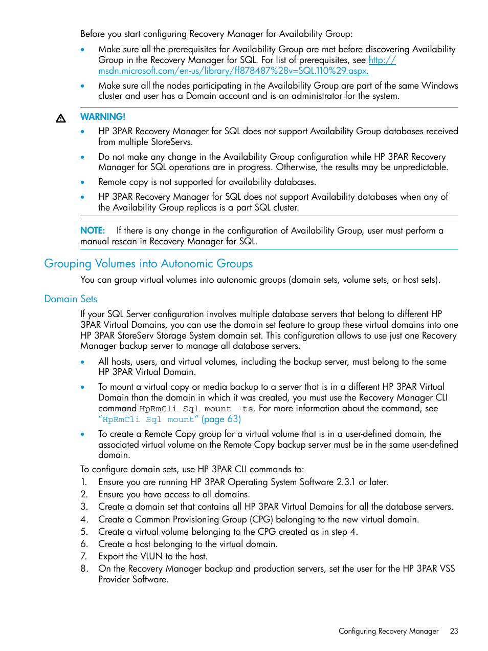 Grouping volumes into autonomic groups, Domain sets | HP 3PAR Recovery Manager Software User Manual | Page 23 / 110