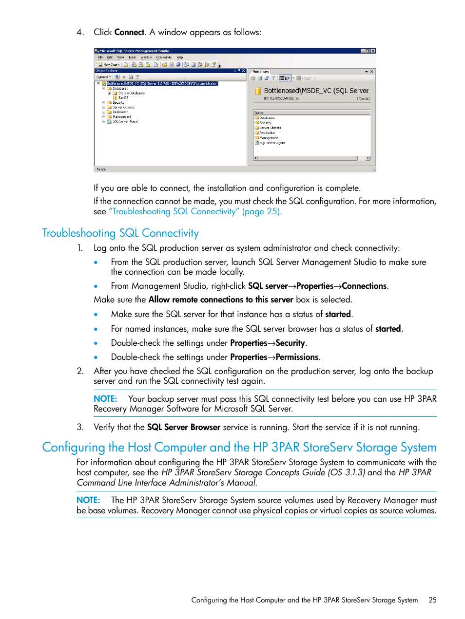 Troubleshooting sql connectivity | HP 3PAR Recovery Manager Software User Manual | Page 25 / 110