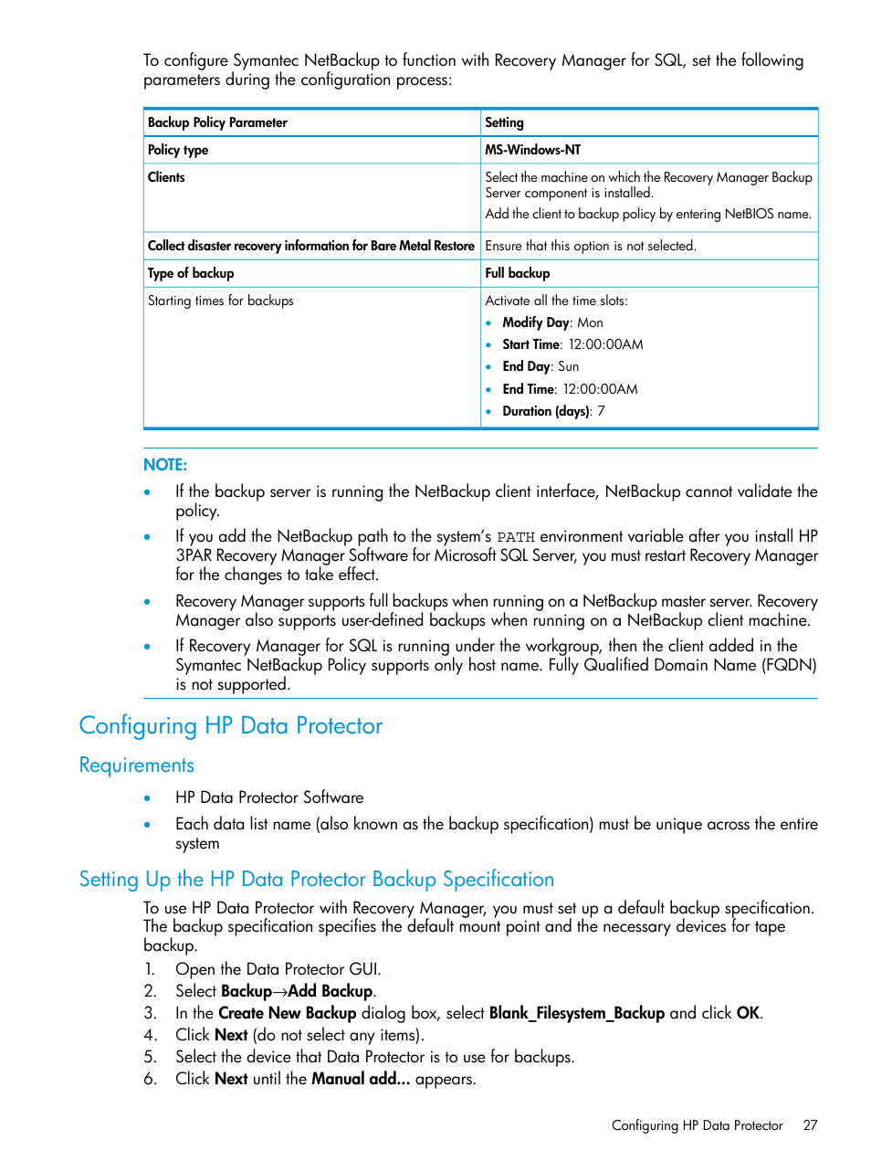 Configuring hp data protector, Requirements | HP 3PAR Recovery Manager Software User Manual | Page 27 / 110