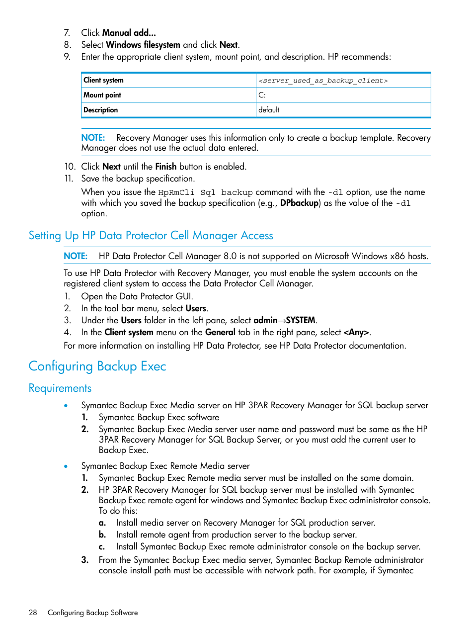 Setting up hp data protector cell manager access, Configuring backup exec, Requirements | HP 3PAR Recovery Manager Software User Manual | Page 28 / 110