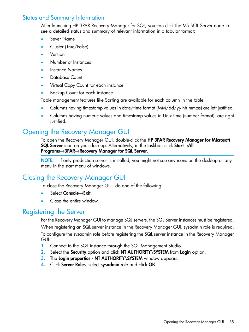 Status and summary information, Opening the recovery manager gui, Closing the recovery manager gui | Registering the server | HP 3PAR Recovery Manager Software User Manual | Page 35 / 110