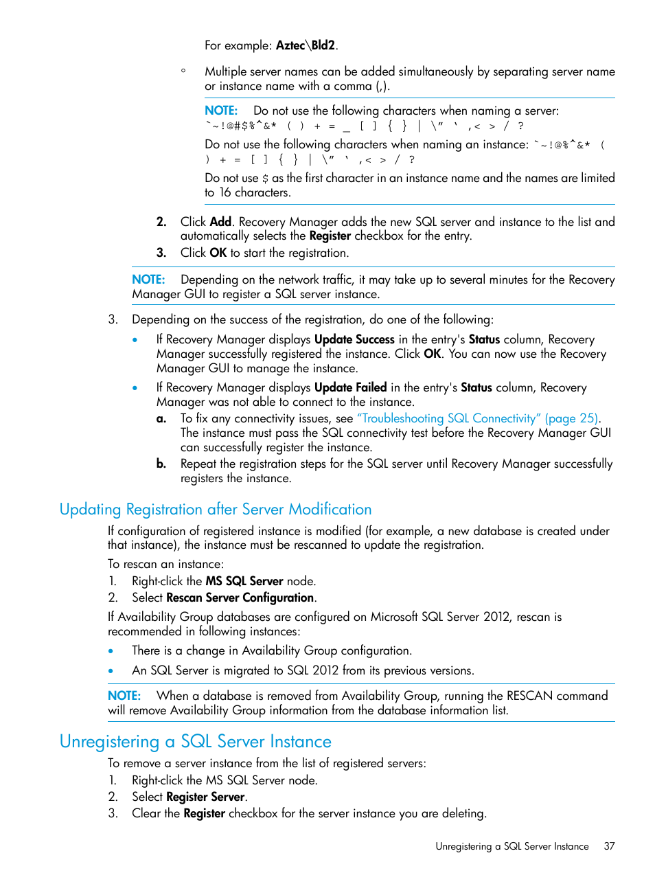 Updating registration after server modification, Unregistering a sql server instance | HP 3PAR Recovery Manager Software User Manual | Page 37 / 110